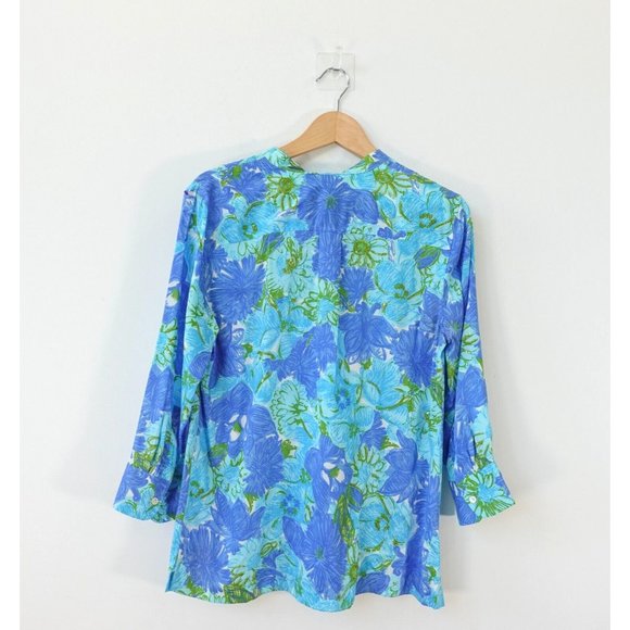 Talbots Shirt Women Size Small Blue Floral Top Blouse Sequin Boho Allover Tencel - Picture 6 of 8